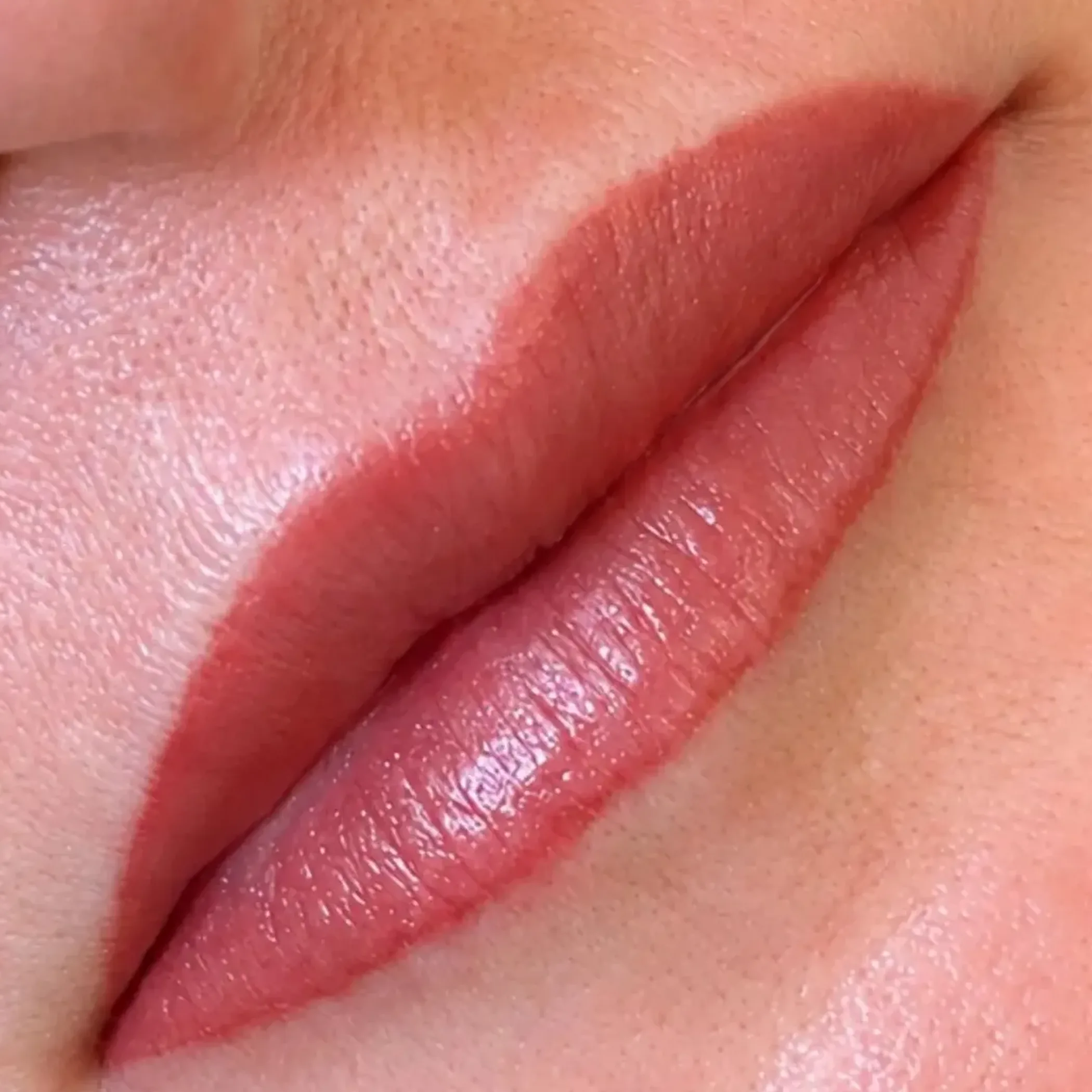 close-up of lip blush tattoo lips