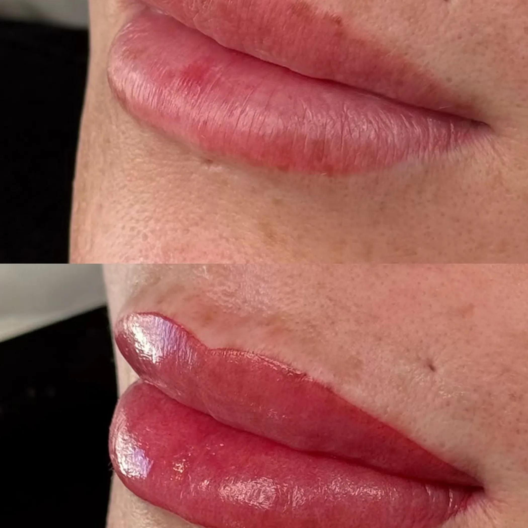 close-up of lips with blush tattoo healing