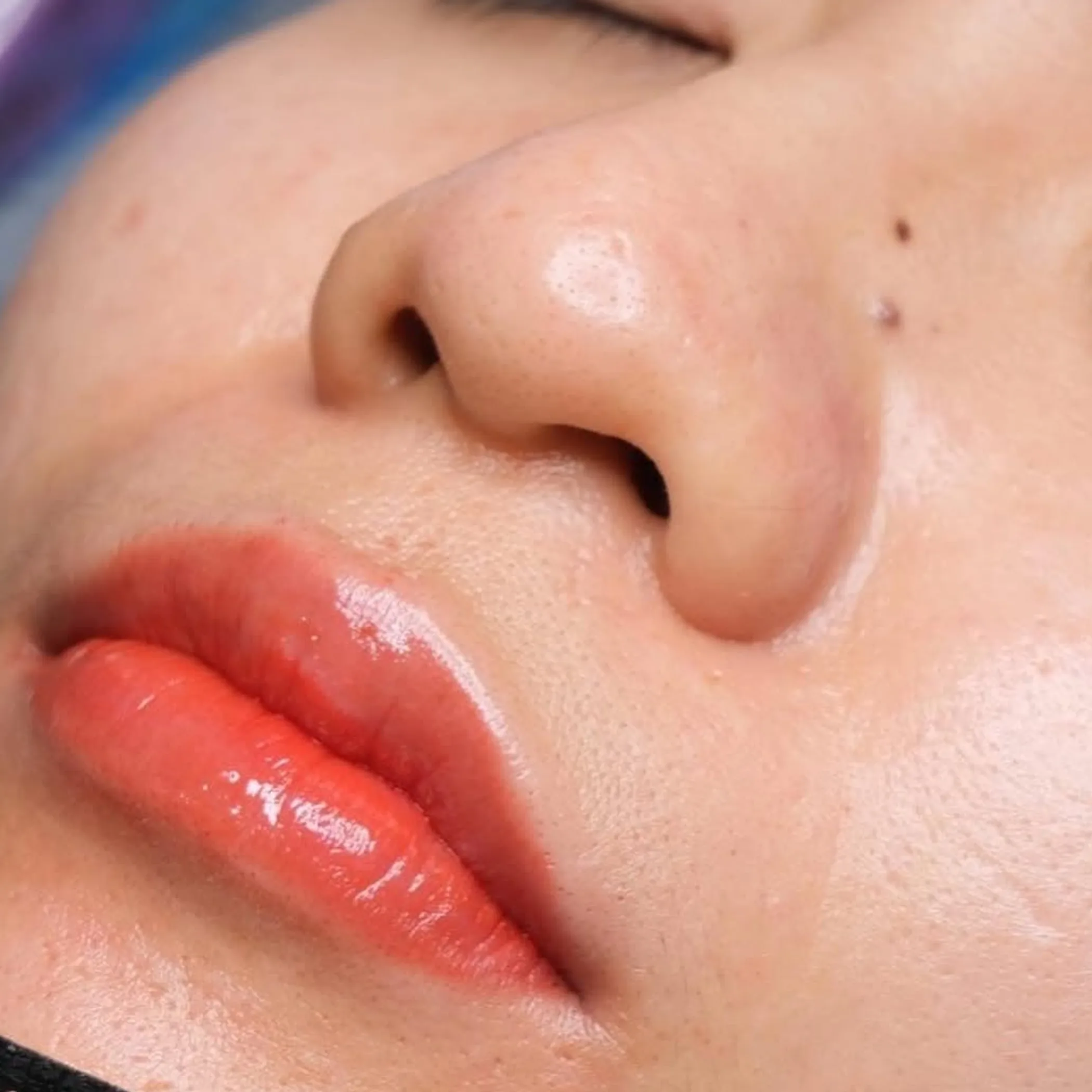 close-up of lip blush tattoo lips