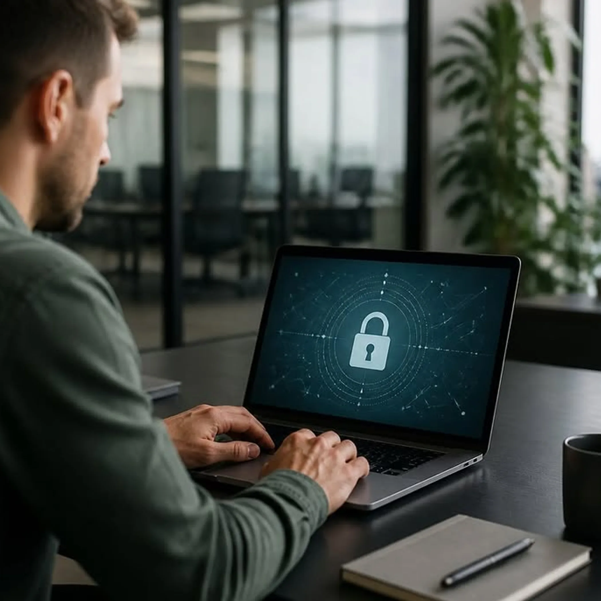 person using laptop with security lock